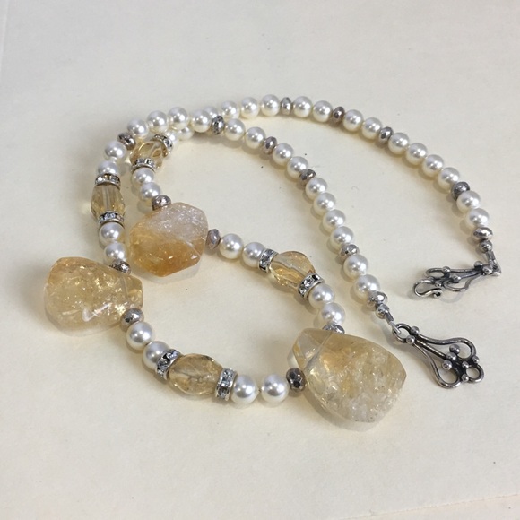 Genuine Citrine Swarovski Pearls Crystals Sterling Silver Necklace Women's 18in - Picture 5 of 5